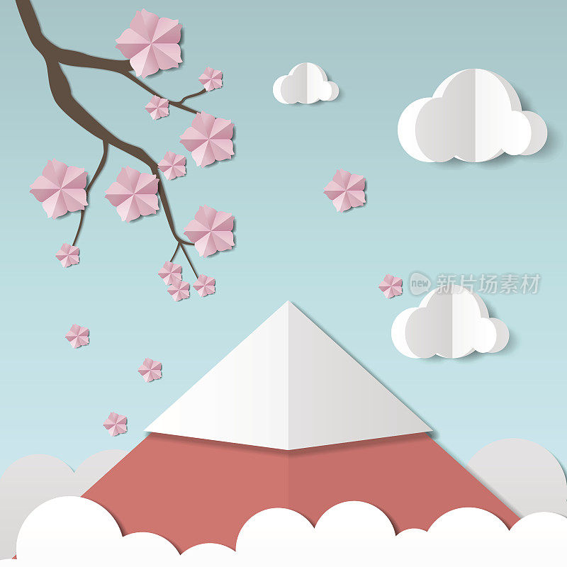 美丽的风景樱花枝和花，云和山。纸艺术风格。业务项目模板