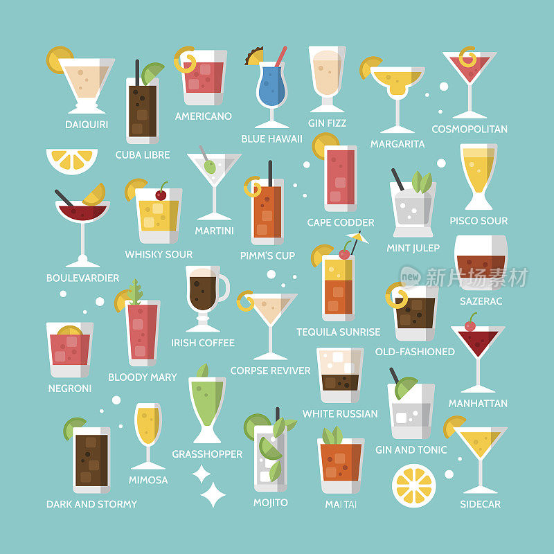 鸡尾酒酒精混合饮料图标的菜单，网页和图形