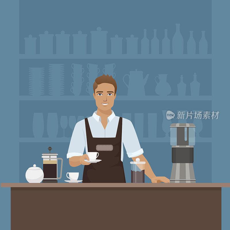 一个微笑的年轻人，咖啡师正在用咖啡机煮咖啡
