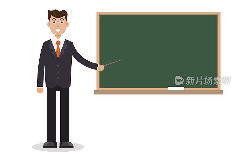 男人，男老师在黑板上讲课。矢量图
