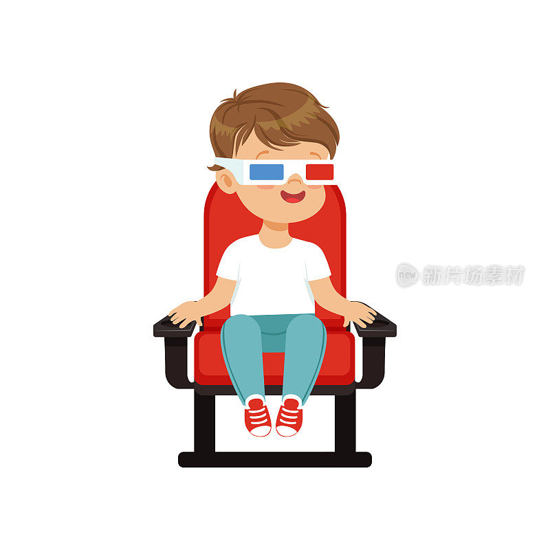 可爱的小男孩在3d眼镜坐在红色的椅子上，看3d电影在影院矢量插图