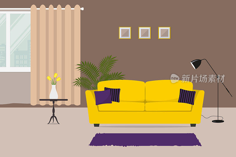 有黄色沙发和紫色枕头的客厅