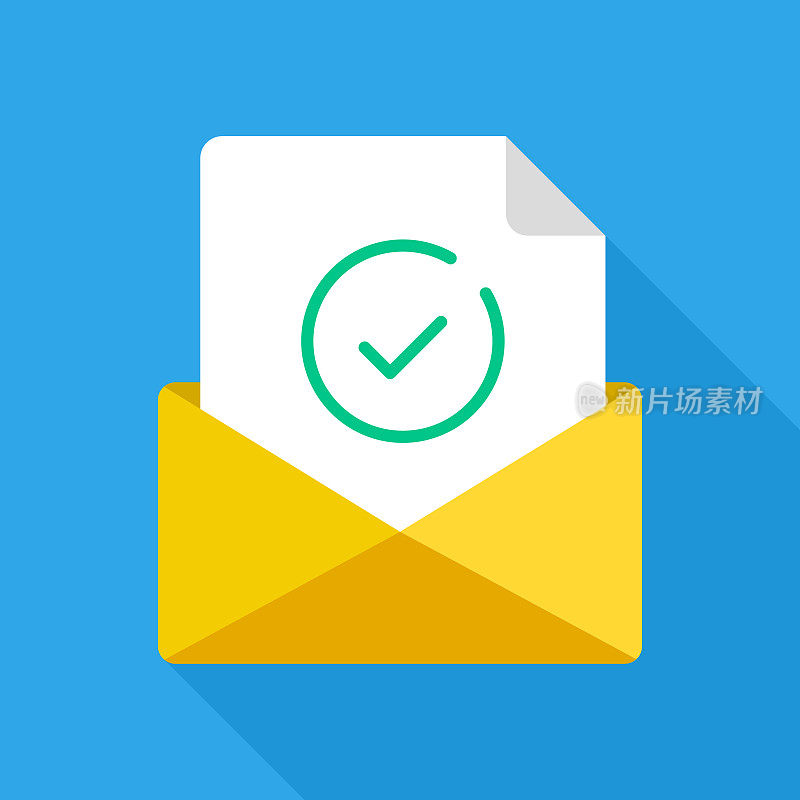打开的信封和文件上有绿色的勾线图标、勾线符号。正式确认消息，邮件发送成功，电子邮件发送，订阅确认，订阅，验证电子邮件。长影平面设计。矢量图