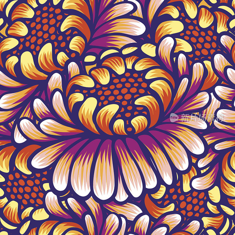 花卉手绘复古无缝花卉图案。令人难以置信的orange-purple花。热带无缝图案与异国情调鲜艳的花。奇异的纺织植物设计。夏季设计