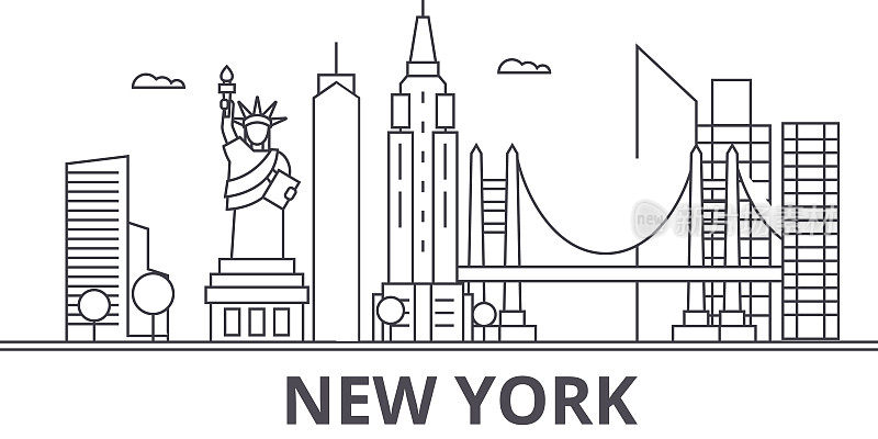 纽约建筑线天际线插图。线性向量的城市景观与著名的地标，城市景观，设计图标。风景与可编辑的笔触