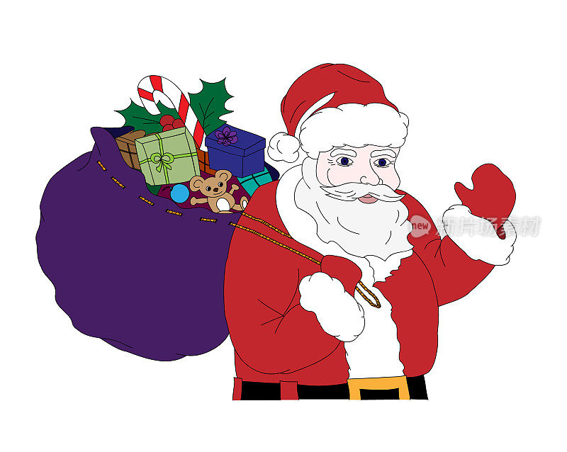 圣诞矢量插图与圣诞老人背着一个装满礼物的袋子，五颜六色