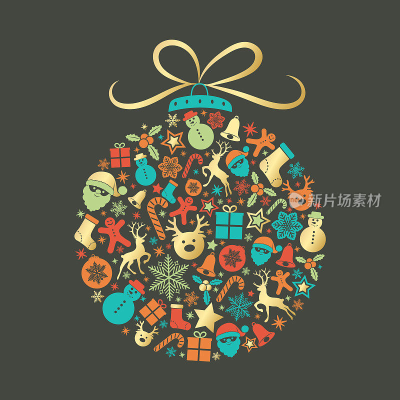 用五颜六色的装饰品做成的圣诞球。向量。