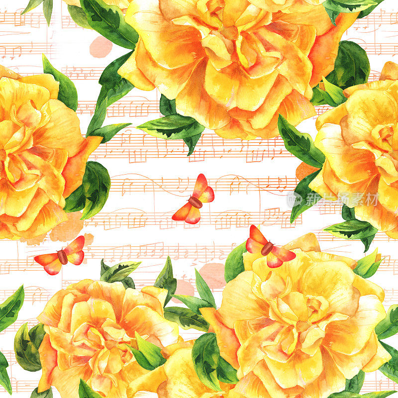 无缝水彩黄玫瑰花蕾图案白色与蝴蝶和乐谱