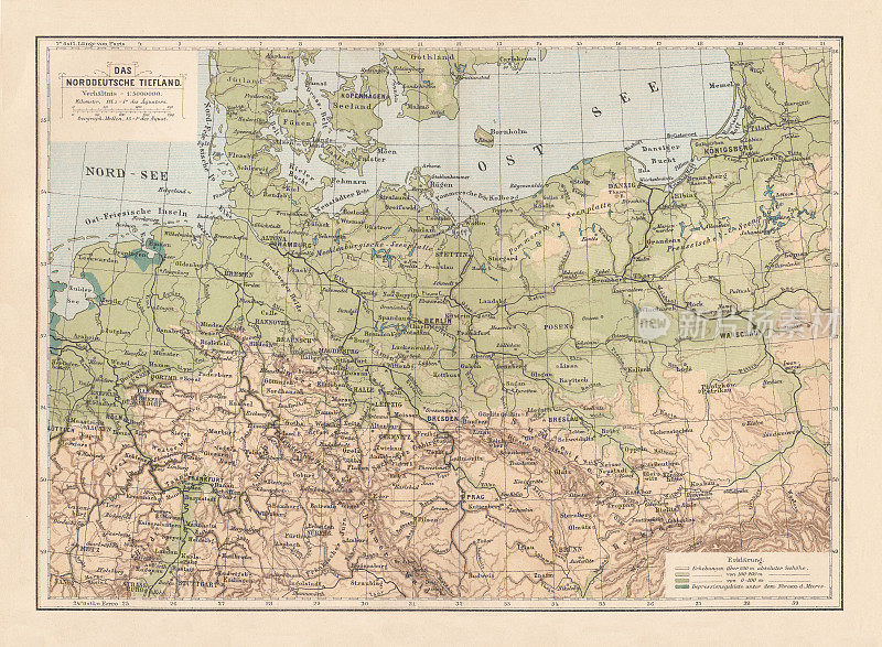 19世纪德国北部低地地图，平版印刷，1884年出版