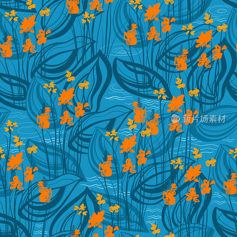 无缝图案与橙色水花在蓝色的背景