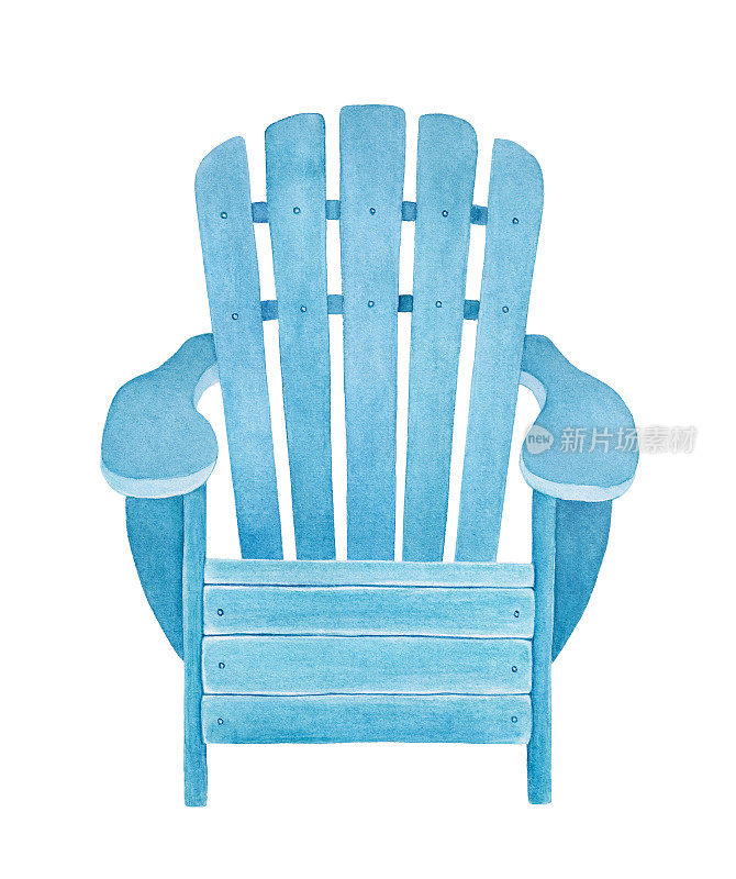 浅蓝色木制躺椅的水彩插图。象征着夏日度假、日光浴、海滨度假胜地。手绘水彩图形绘画在白色的背景，切割元素的设计。