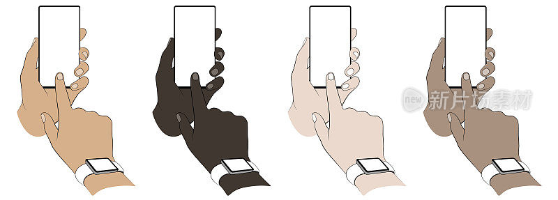 不同的手拿着智能手机，并在佩戴智能手表的同时触摸屏幕