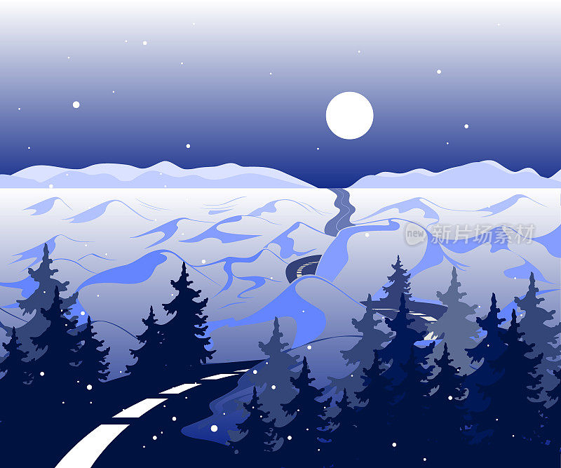 矢量冬季背景与道路和雪谷与树木。北极圈的风景，地平线上群山耸立，美丽的月亮