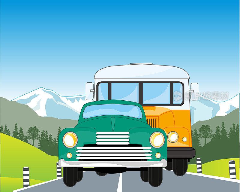 山路上的老式汽车和公共汽车