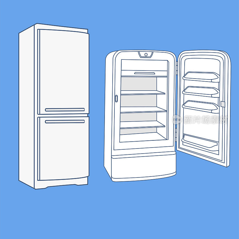 现代和复古冰箱的草图