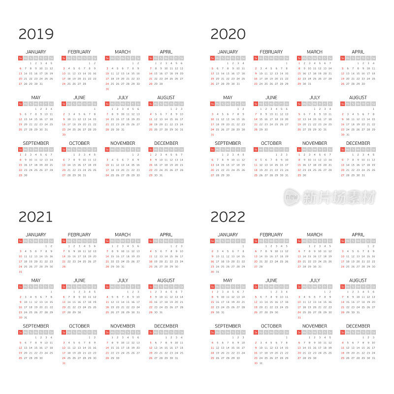 矢量日历2019年2020年2021年2022年。