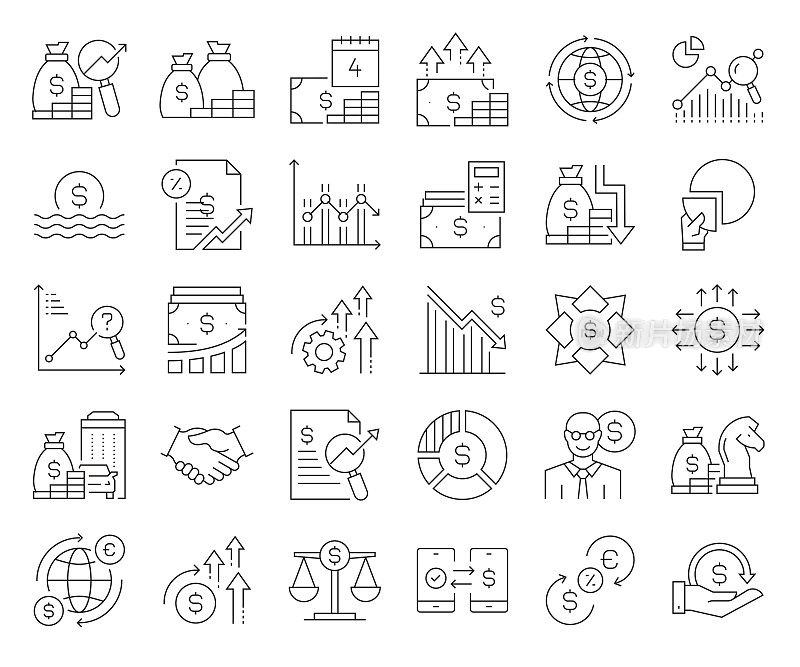 简单的经济和金融相关的矢量线图标。大纲符号集合。可编辑的中风