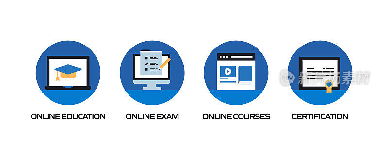 电子学习，在线教育，家庭学校相关的矢量组的平面图标和信息图形设计元素