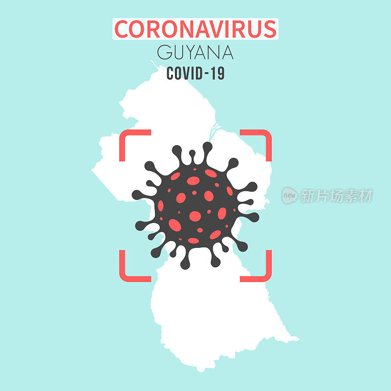 圭亚那地图，红色取景器中有冠状病毒(COVID-19)细胞