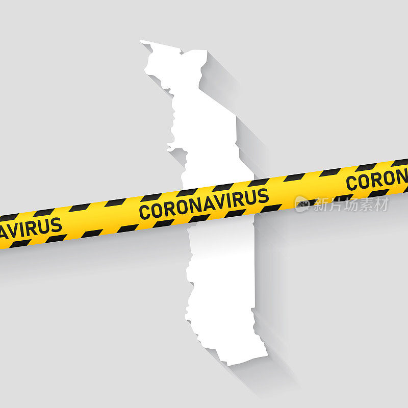 多哥地图与冠状病毒警告胶带。Covid-19爆发