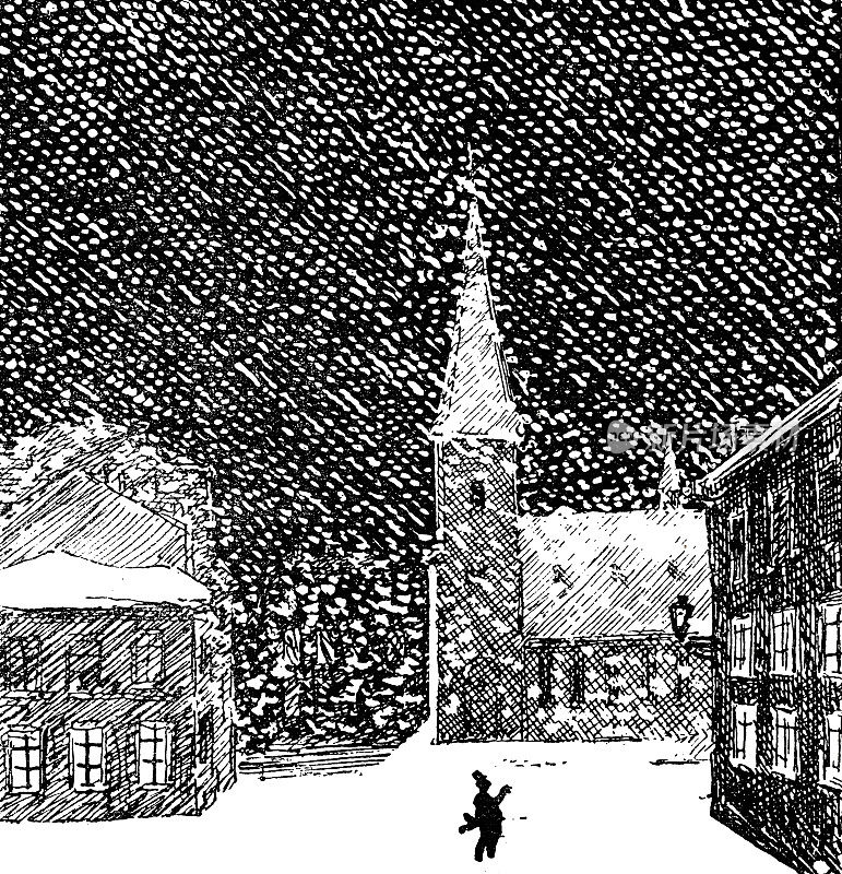 下雪时，镇上广场上孤独的守夜人