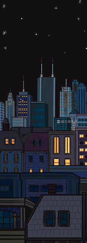 夜市景观手绘插图和设计垂直网页横幅