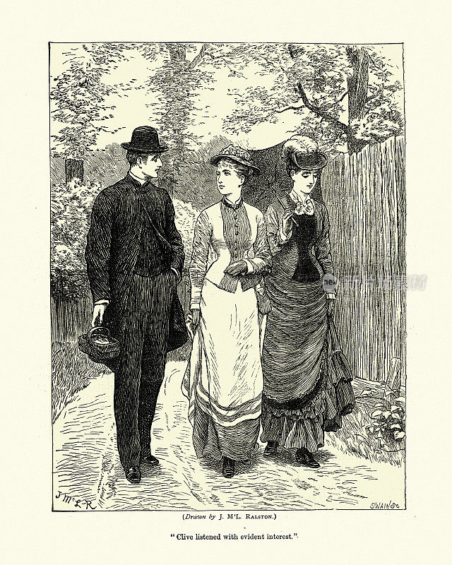 一个年轻人和两个女人走在乡间小路上，维多利亚时代的