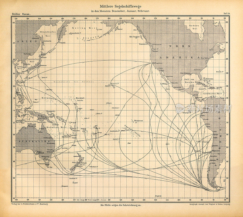 1月和2月太平洋天气模式图，德国古董维多利亚雕刻，1896