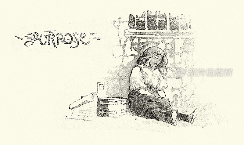 小女孩睡在宝箱旁边，童话故事，英国民间传说，维多利亚时代，19世纪