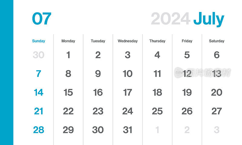 2024年7月-月历。极简风格的景观水平日历2024年。向量模板。一周从周日开始