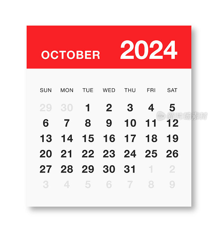 每月2024年10月日历星期日开始