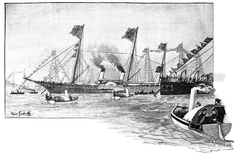 在Spithead举行的舰队大阅兵:德皇威廉二世在英国维多利亚号和阿尔伯特号游艇上接见指挥将军