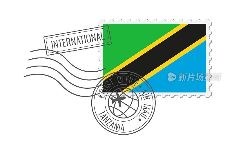 坦桑尼亚邮票。明信片矢量插图与坦桑尼亚国旗孤立的白色背景。
