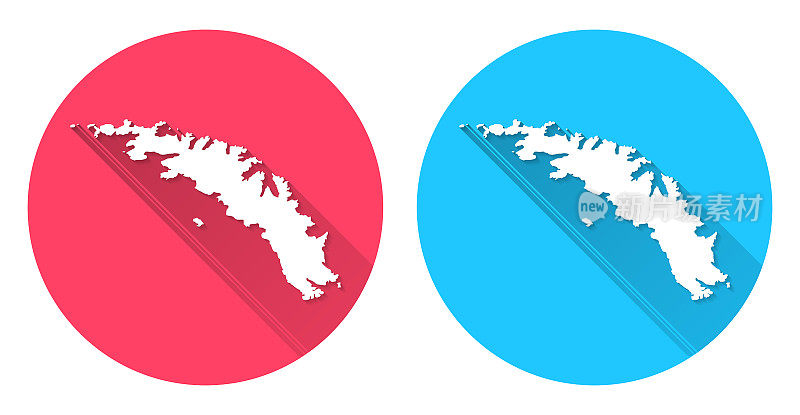 南乔治亚岛和南桑威奇群岛地图。圆形图标与长阴影在红色或蓝色的背景