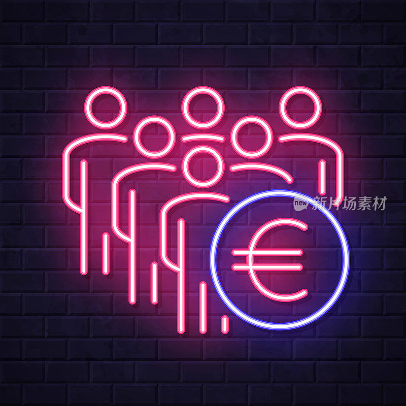 人群中有欧元标志。在砖墙背景上发光的霓虹灯图标