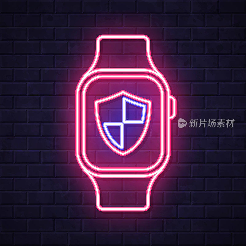 带保护罩的智能手表。在砖墙背景上发光的霓虹灯图标