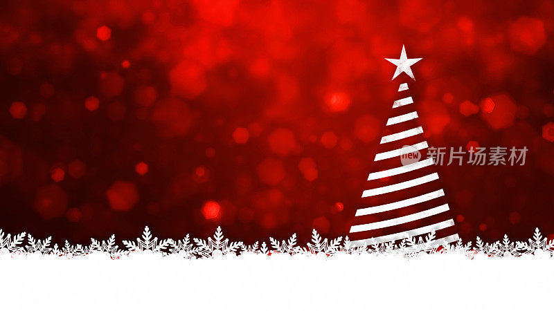 创意的暗红色或栗色背景，一棵抽象的白色条纹圣诞树，顶部有一颗明亮的星星，雪花遍布地面，散焦的散景灯就像闪闪发光的背景