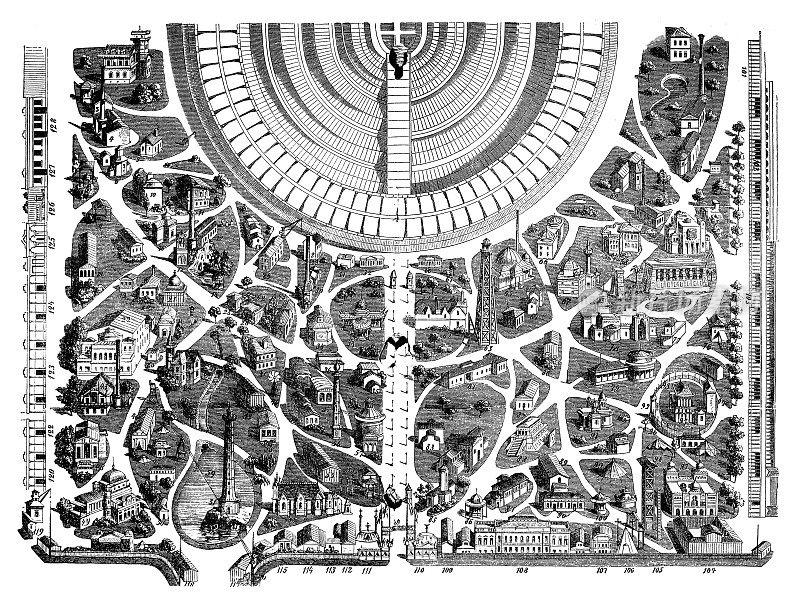 1867年展览期间，公园法语区和英语区的鸟瞰图。