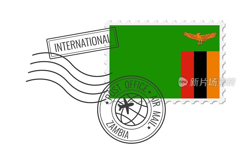 赞比亚邮票。明信片矢量插图与赞比亚国旗孤立的白色背景。