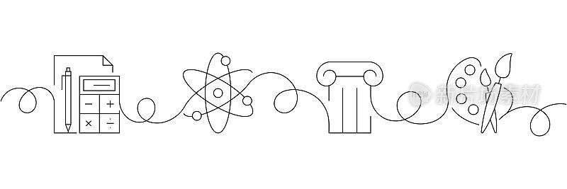 连续单线绘画学校课程图标概念。单线矢量插图。数学、科学、历史、美术课。