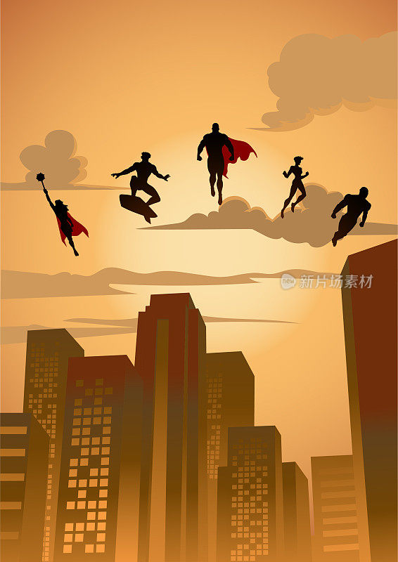 矢量超级英雄团队剪影飞行漂浮在城市建筑股票插图