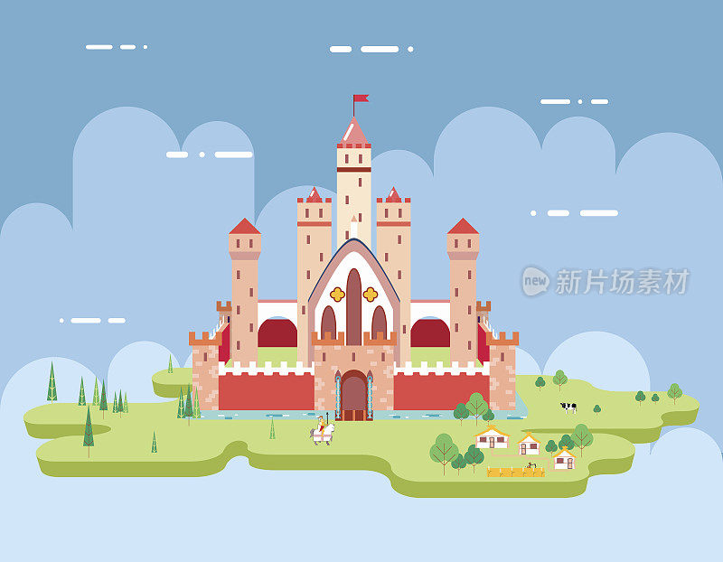 平面设计城堡卡通魔法童话图标景观背景模板