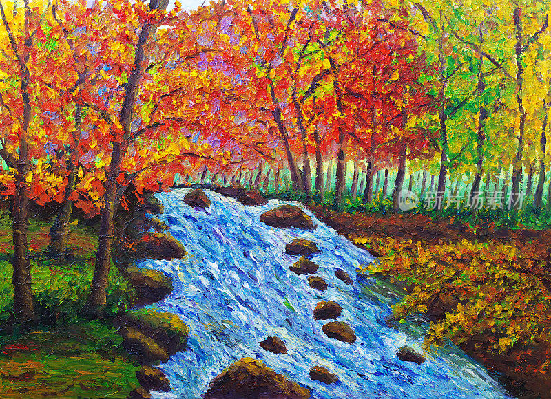油画-枫树与溪流