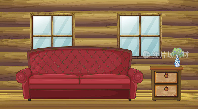 木质房间里的红色沙发和边桌