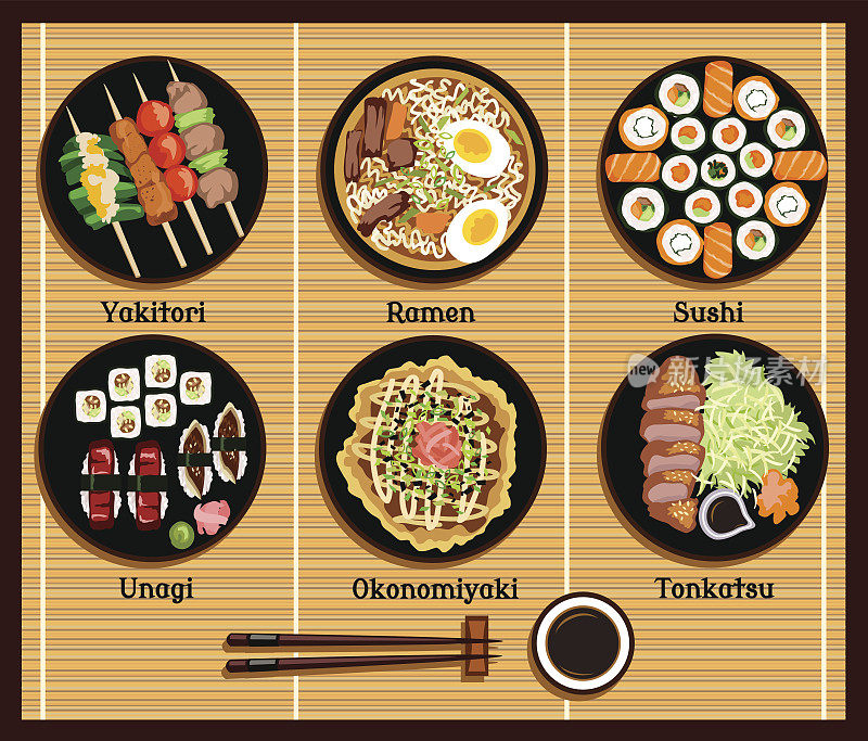 日本料理设置菜肴扁平风格