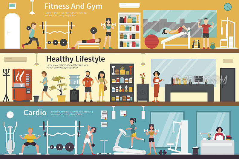 健身和健身房健康的生活方式，有氧平面室内室外概念