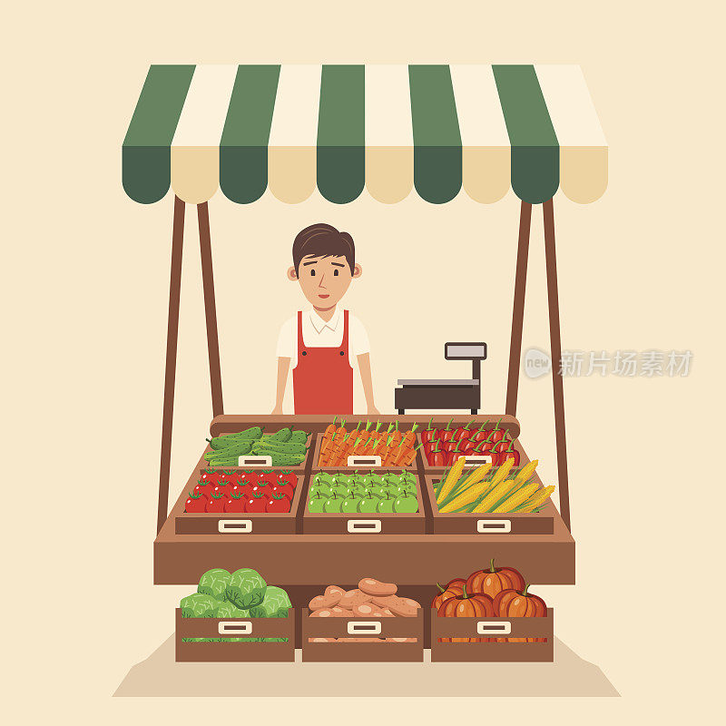 当地市场摊位。卖蔬菜。平面向量插图