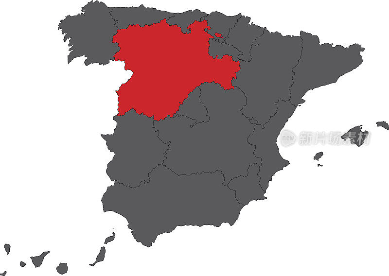 卡斯蒂利亚和莱昂红色地图在灰色西班牙地图矢量