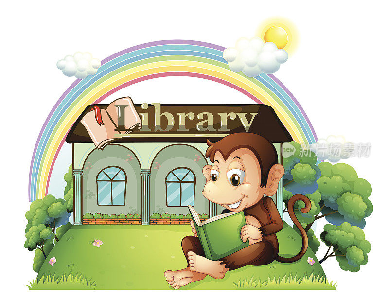 猴子在图书馆外面看书