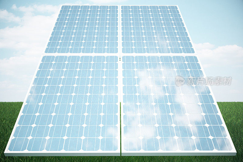 草地上的3D插图太阳能电池板。太阳能电池板生产绿色、环保的太阳能。未来的概念能源。